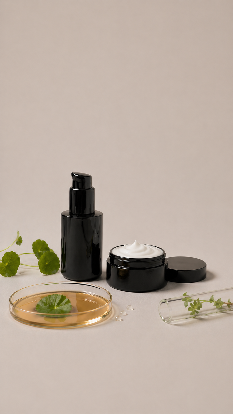 Black skincare products with green leaves on a beige background. Skin Resilience Serum and Moisturiser