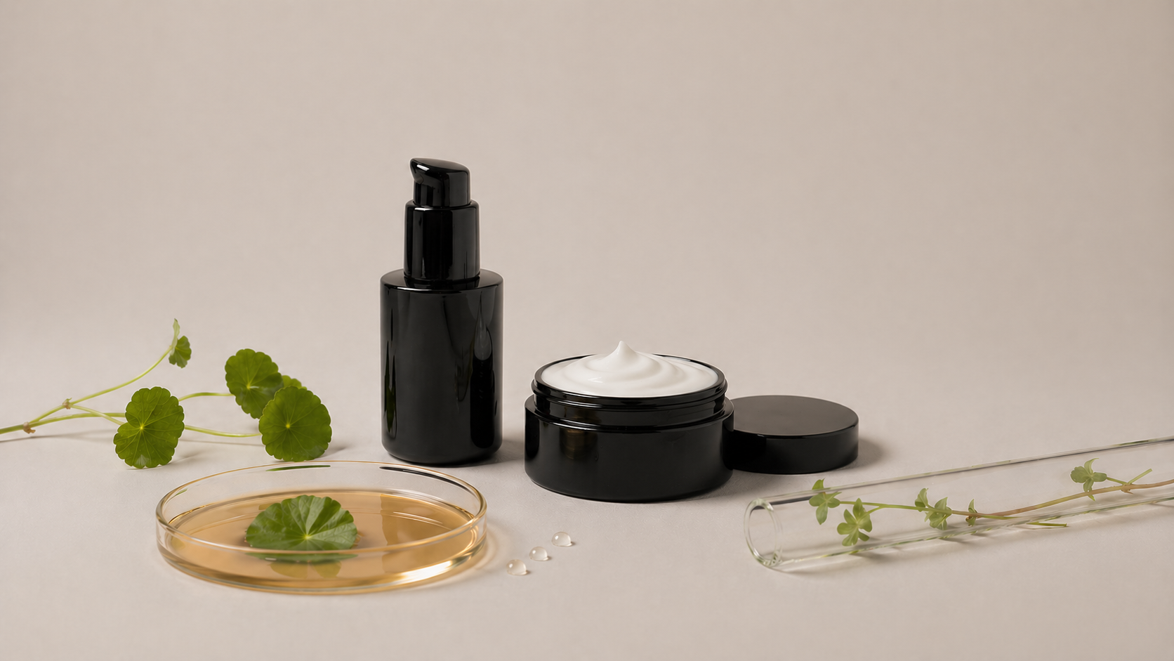 Cosmetic products including a black bottle, jar with white cream, and glass dish on a neutral background. Skin Resilience Serum and Moisturiser