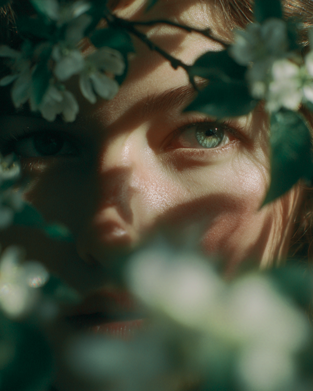 An image of a woman with her face partially hidden by a green plant with small white flowers - representing hiding when feeling unhappy with your skin